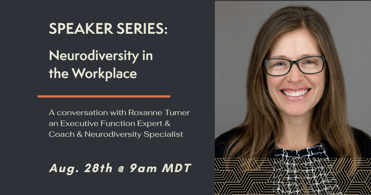 Promotional banner for a Speaker Series: Neurodiversity in the Workplace; features a smiling woman with glasses on the right side.